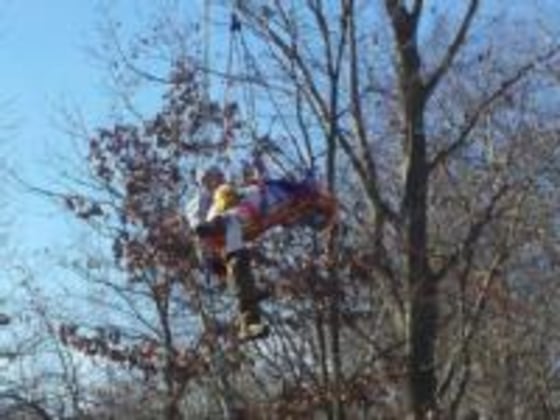A rescue worker helps lower Erin Bowser from the tree where her pickup had lodged after she went off the road Monday in Evans City, Pa.